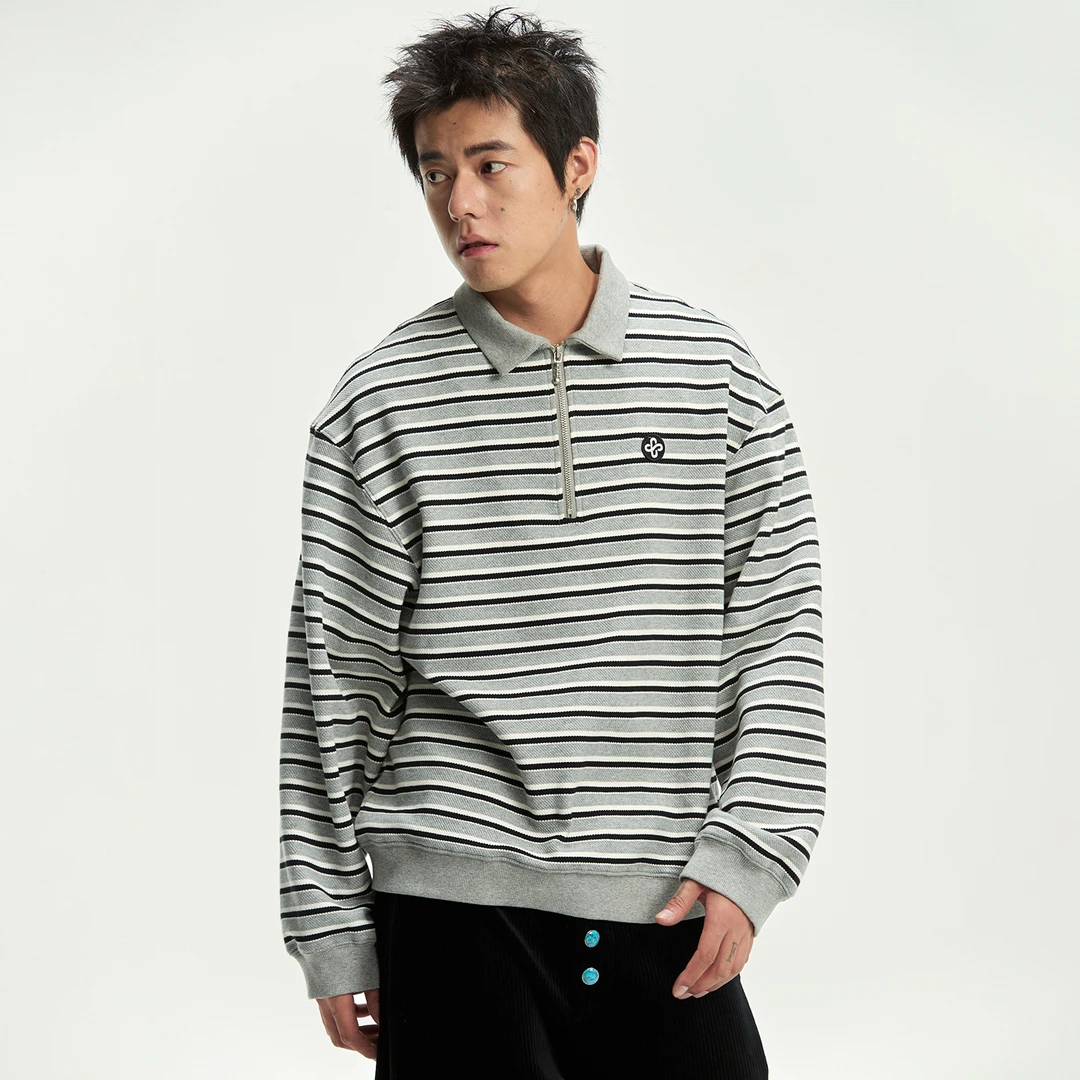 CoosRetro 美式潮牌秋季男款polo领条纹拉链logo刺绣长袖宽松卫衣