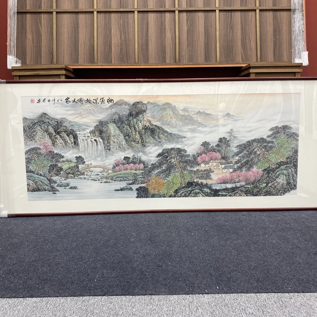 【臻观】手绘桃园深处有人家219*88手绘中式国画客厅装饰画