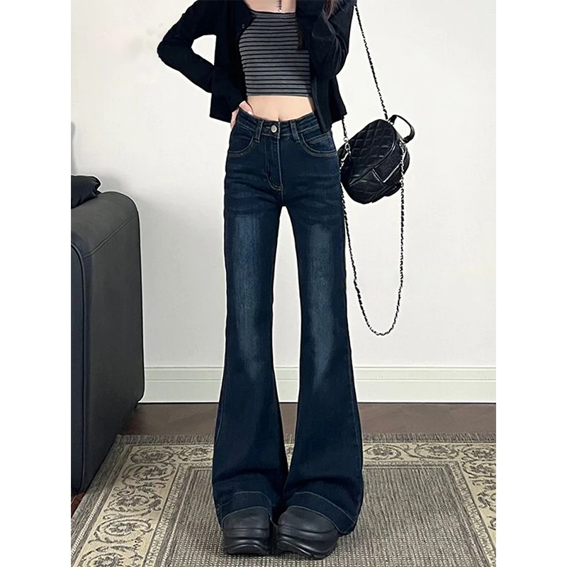 加绒蓝灰色微喇叭牛仔裤女冬季新款高腰弹力修身显瘦直筒拖地裤子