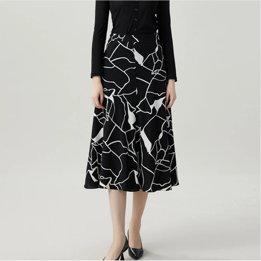 显瘦连衣裙哥家新款女装2025春秋高腰圆点雪纺印花半身裙女A字