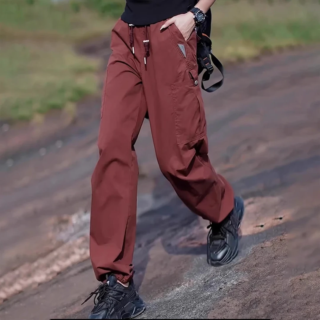 美式松紧腰工装裤子女2025夏季新款宽松高腰显瘦休闲束脚抽绳长裤