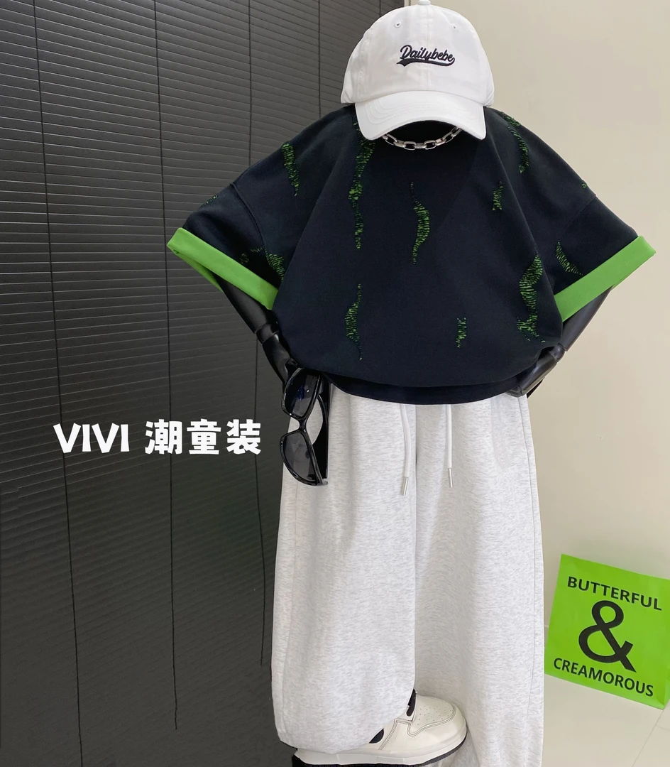 VIVI童装 2025夏款潮流中大童绿色设计款破破工艺短袖T恤