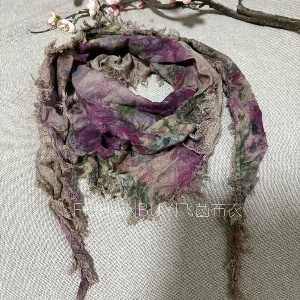 MINI复古有机麻纱三角巾毛边围巾百搭女围脖（长度1.25M）