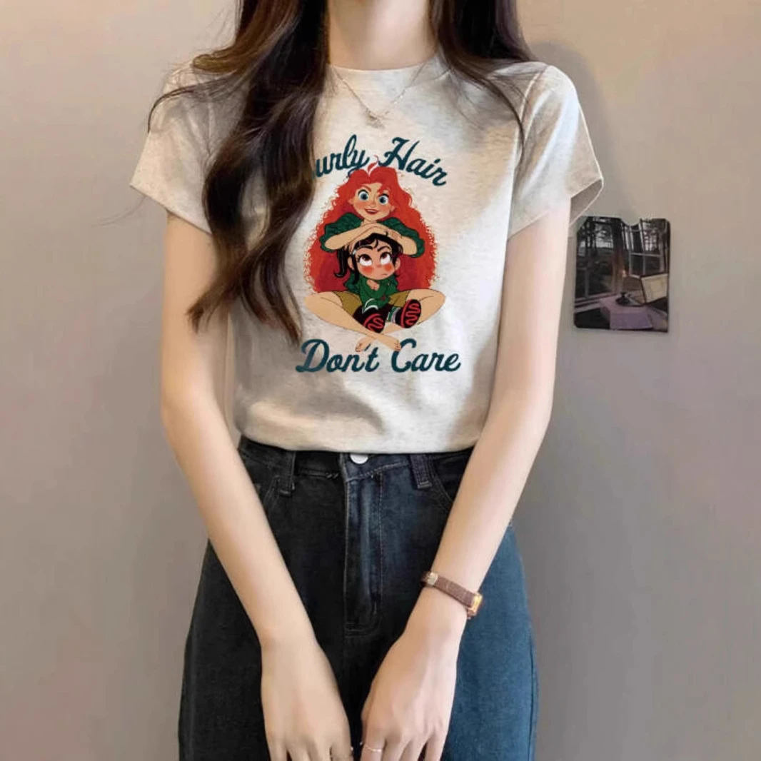 设计感美式甜辣妹修身短袖T恤女夏季ins别致独特卡通印花圆领上衣