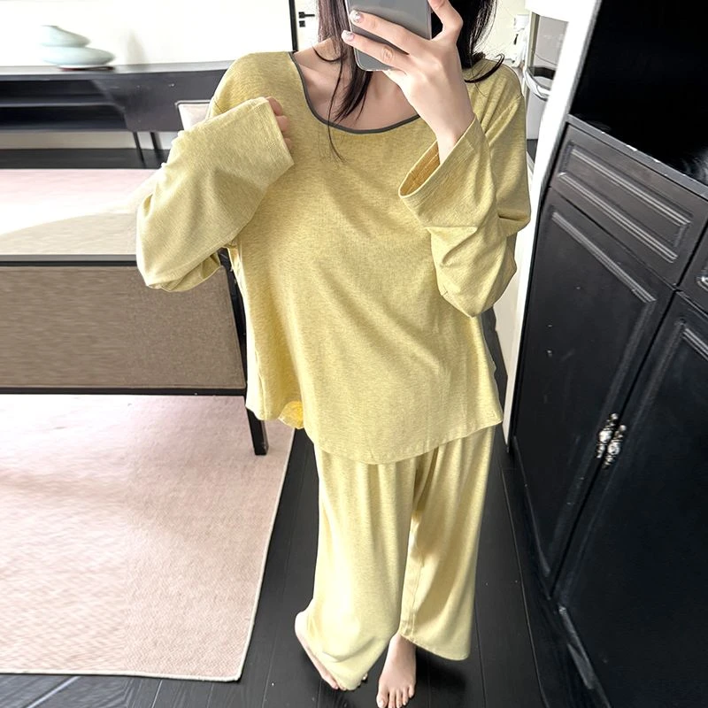 莫代尔纯色亲肤长袖长裤睡衣女套装春秋季新款圆领休闲透气家居服