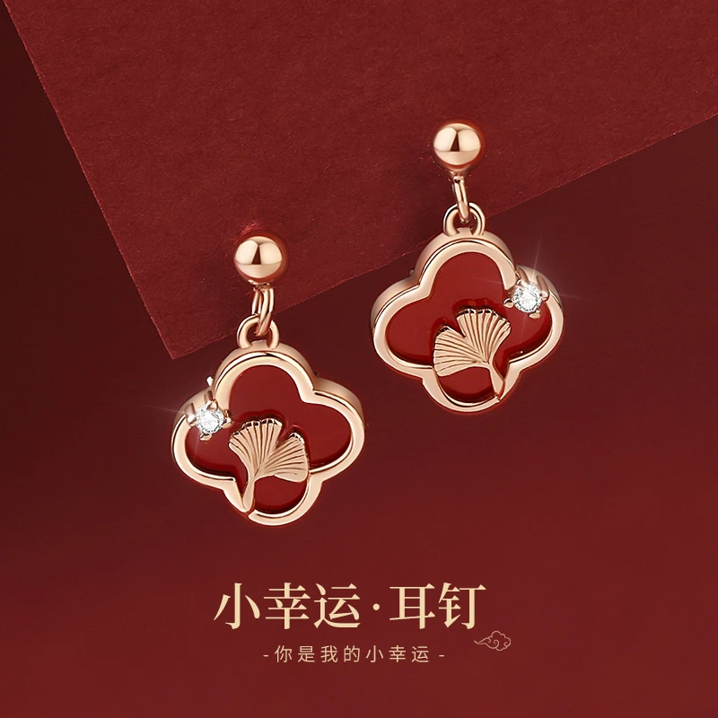 [081]红玛瑙四叶草小幸运耳钉女990足银复古设计银杏叶耳饰