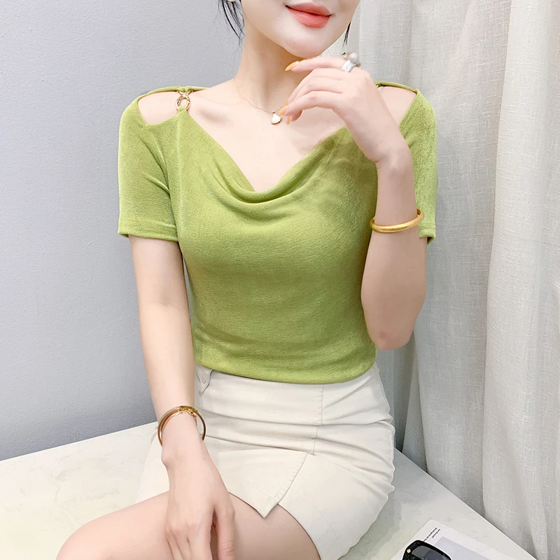 露肩镂空V领短袖T恤女2025年夏季新款纯色透气小衫百搭时尚单品潮