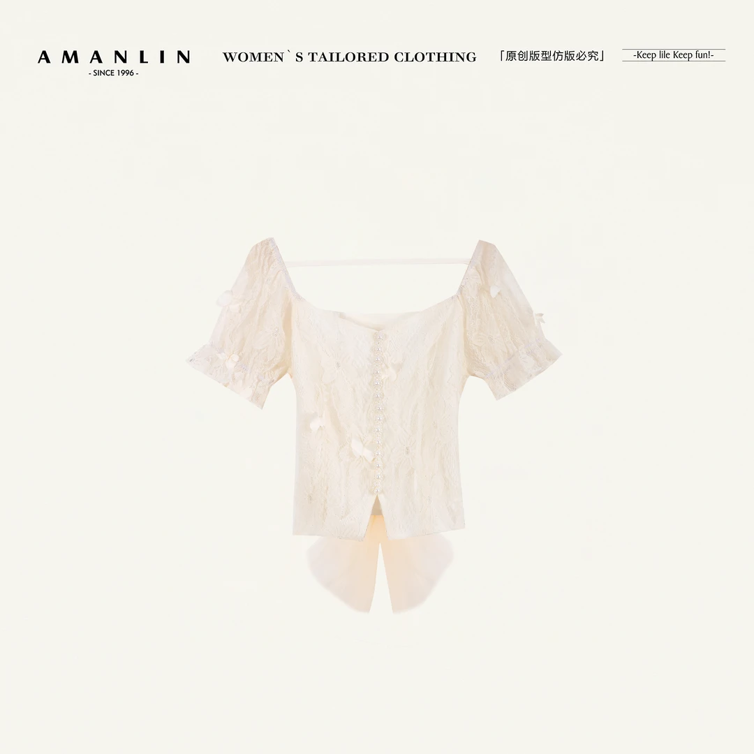 AMANLIN/阿谩琳欧若风时尚简约百搭气质甜美方领短袖上衣TY598691