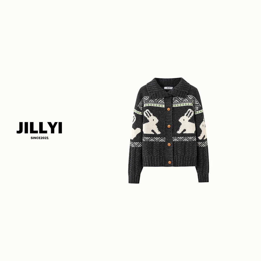 JILLYI【圣诞小兔】灰色半开领小白兔图案少女风时尚针织开衫