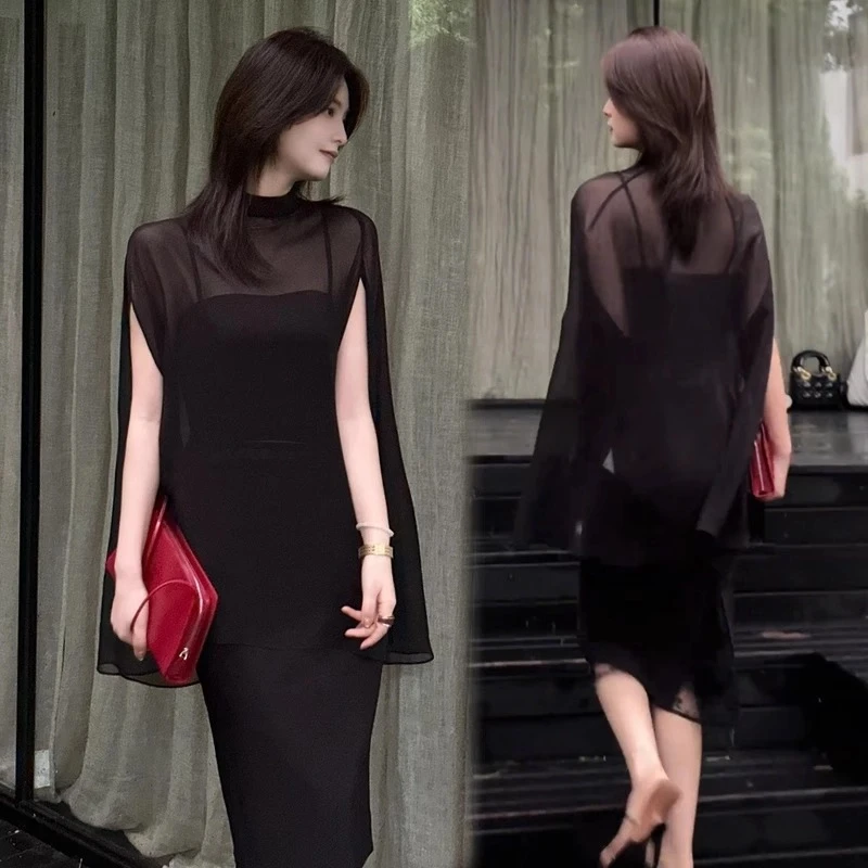 时尚套装裙女2025夏季新款洋气网纱斗篷防晒服吊带半身裙子三件套