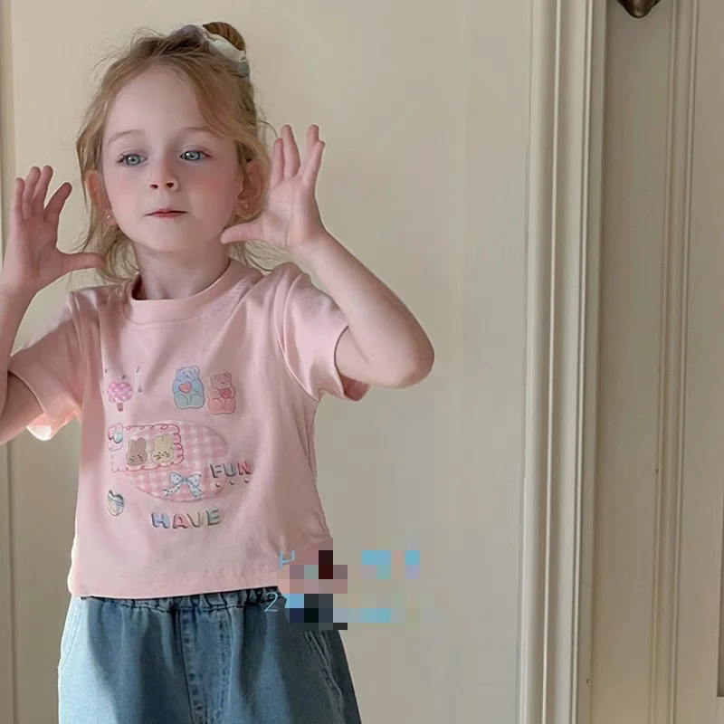 J210“甜酷”女童L·H·NIAO2025新款女童洋气时髦可爱卡通短袖上衣