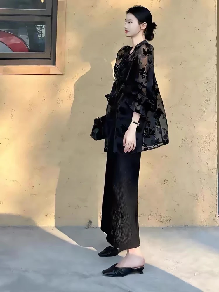 中长款防晒衬衫女夏新中式国风水墨薄纱衬衫➕吊带裙禅意套装