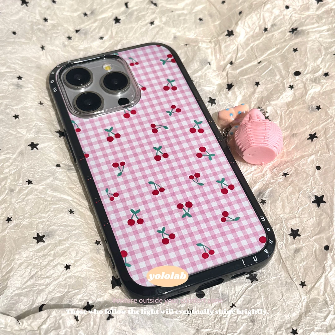 韩系ins粉格子樱桃车厘子小清新适用iphone14/15/16pro苹果手机壳