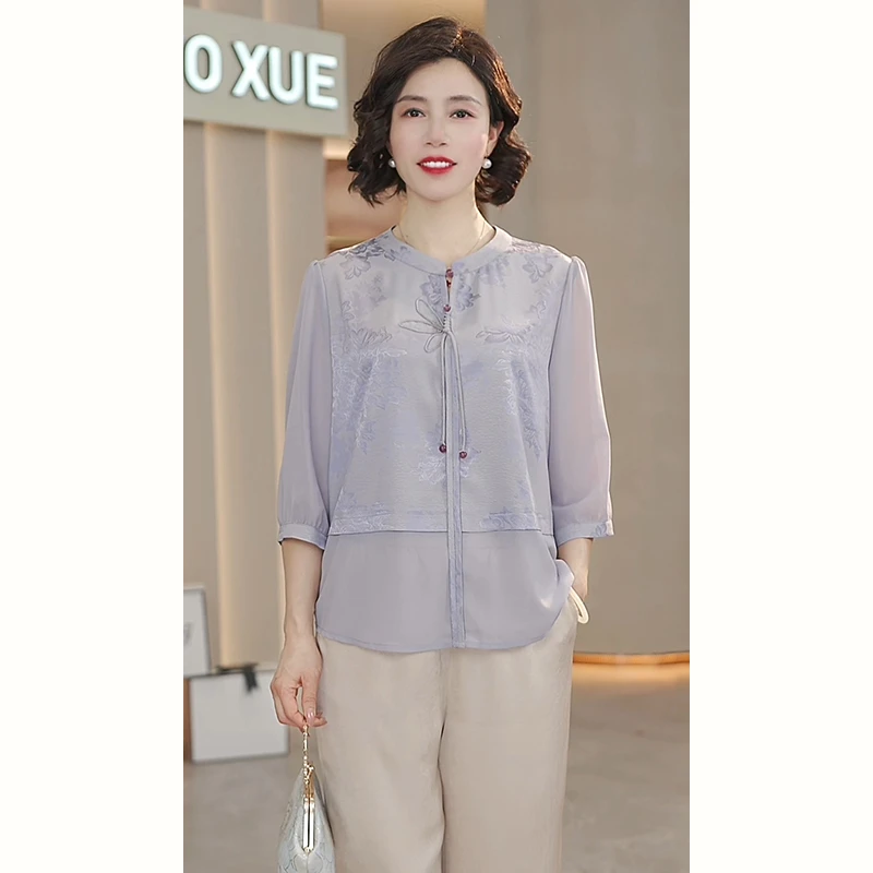 中年妈妈夏装国风两件套2025新款洋气中老年女装高贵小衫衣服套装