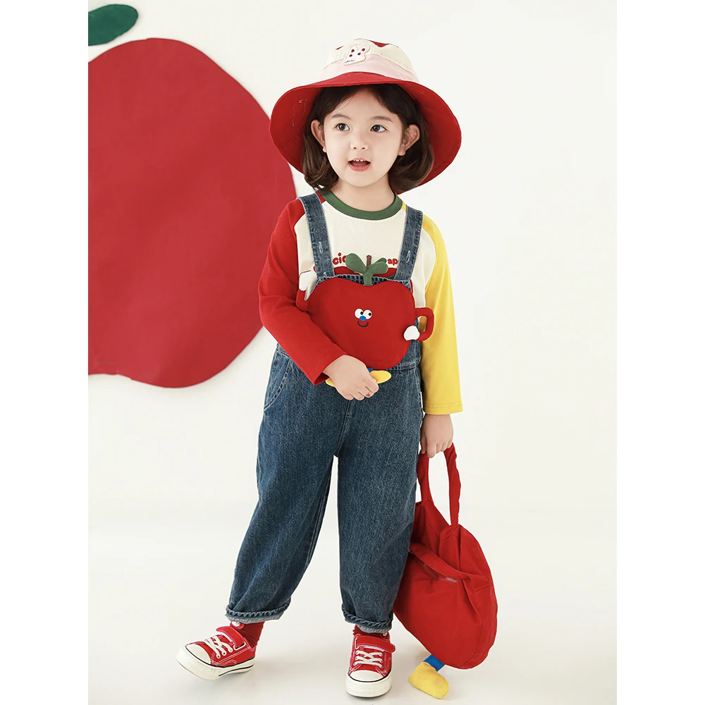 幼悠儿童笑脸苹果牛仔背带裤洋气男童女童牛仔裤子宝宝长裤GN5734