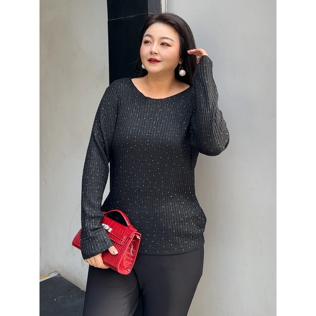 MsShe大码女装春装重工烫钻羊毛混纺亮丝圆领打底毛衣J~C2410035
