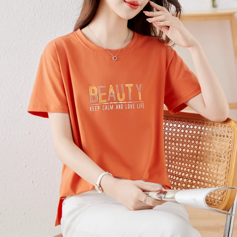 2025夏季新款宽松短袖烫钻印花拼接设计时尚减龄T恤休闲百搭上衣