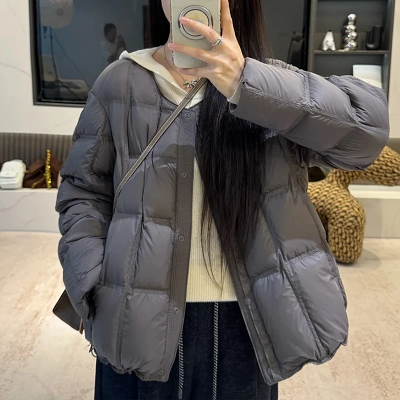 韩系轻薄圆领气质百搭棉服女2025年冬季新款显瘦云朵方格轻薄外套