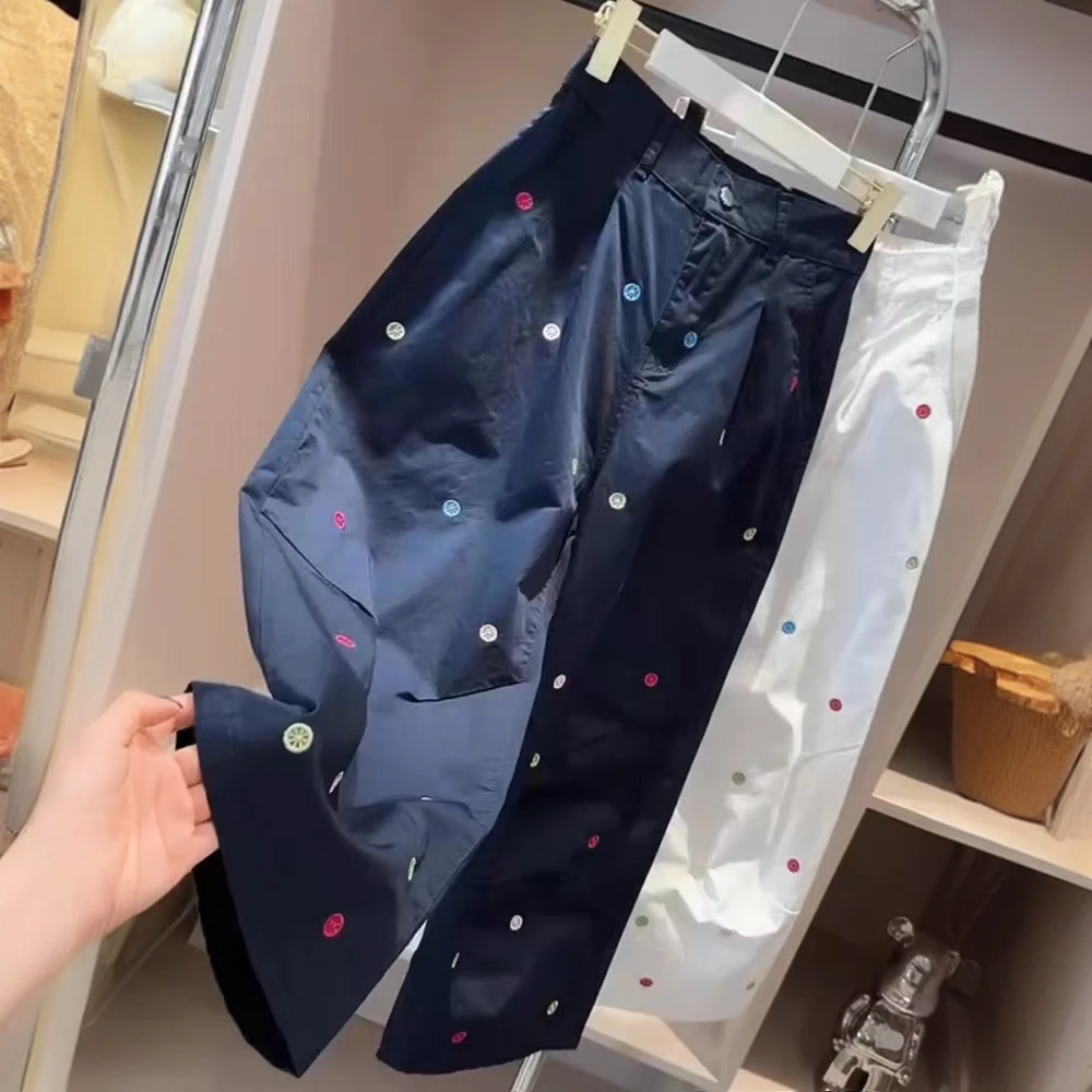 欧货刺绣休闲弯刀裤女夏季薄款高腰宽松显瘦休闲阔腿九分奶奶裤子