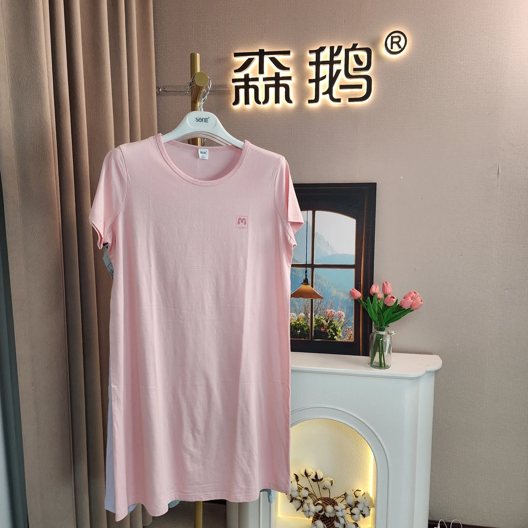森鹅【纯棉】女士直筒睡裙家居服 舒适 圆领 简约