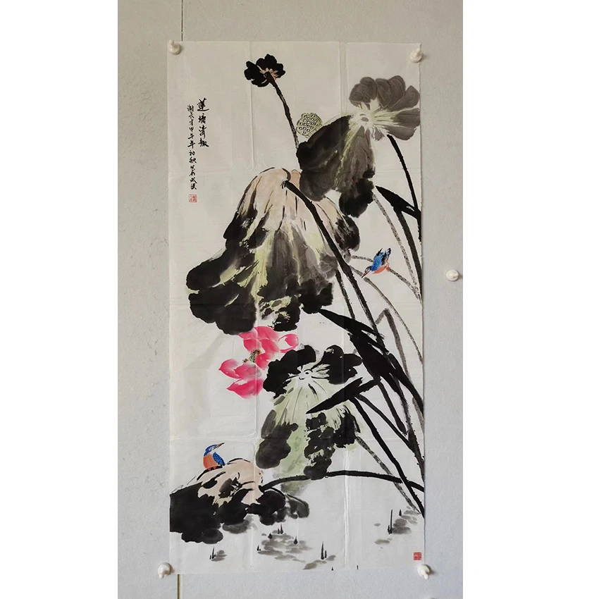 2917  纯手绘老字画《荷花》中堂  尺寸 137×68