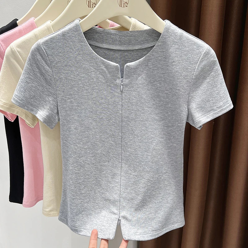 灰色冰丝针织短袖T恤女爆款2025新款小个子拉链半开领打底衫上衣