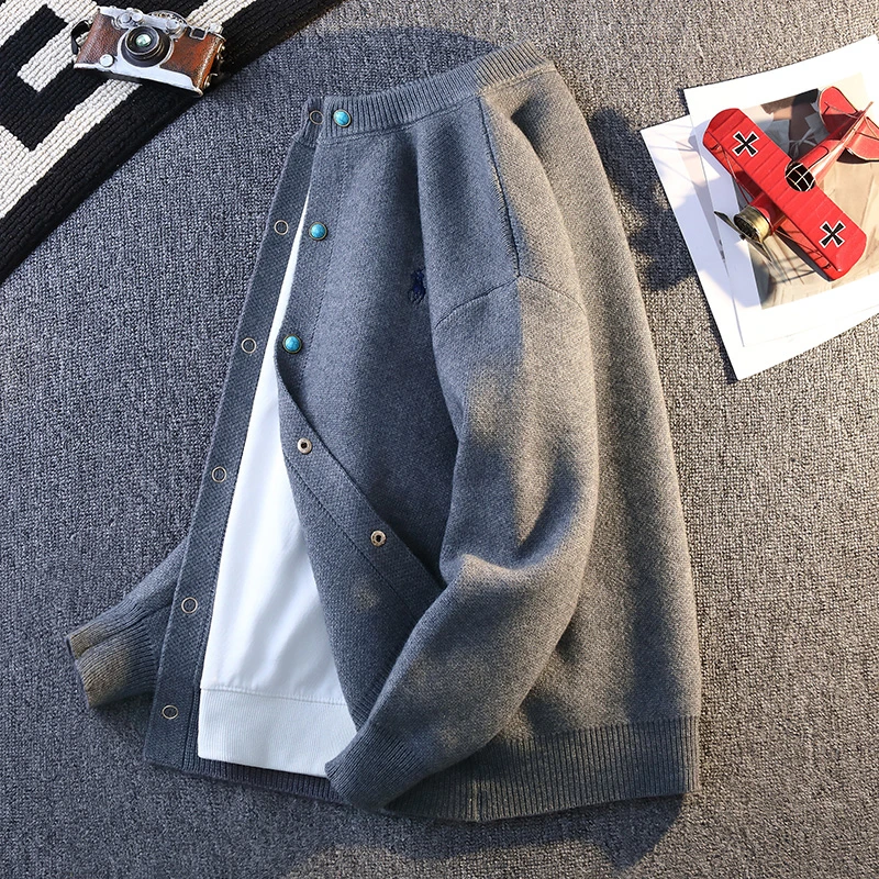 春秋新款复古纯色圆领针织开衫男女同款时尚休闲潮流百搭毛衣外套