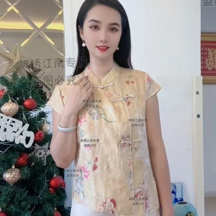 2025超火夏季百搭上衣女新中式国风盘扣短袖