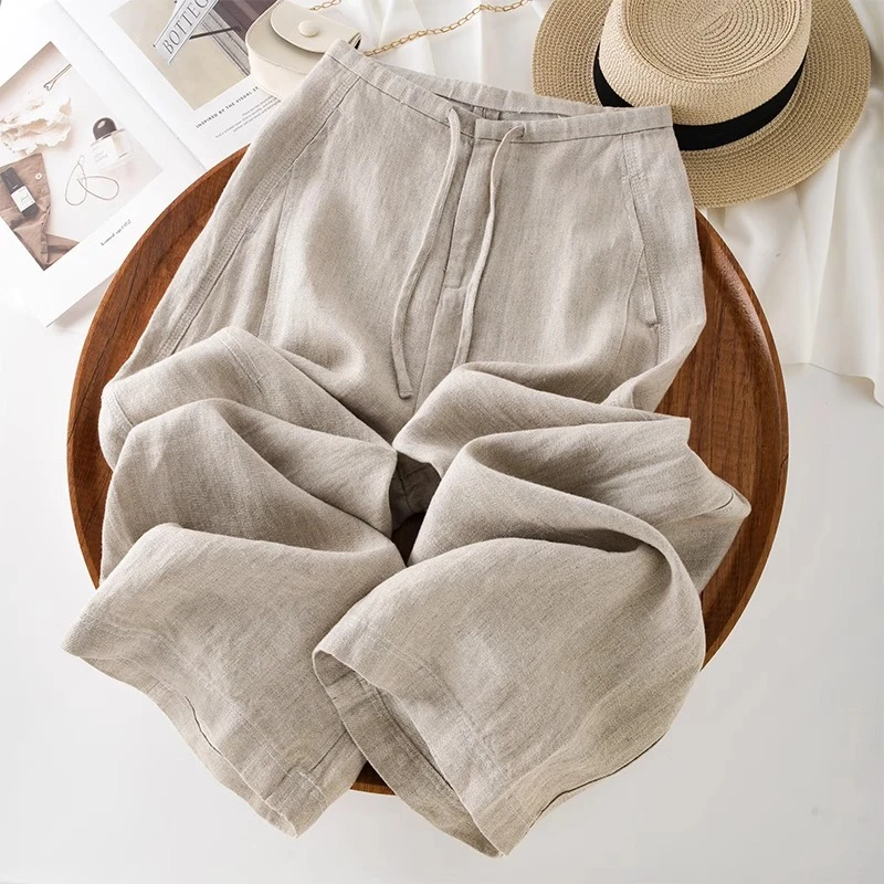 天丝垂坠直筒裤女夏薄款高腰显瘦防晒长裤新款老钱风亚麻纯色裤子