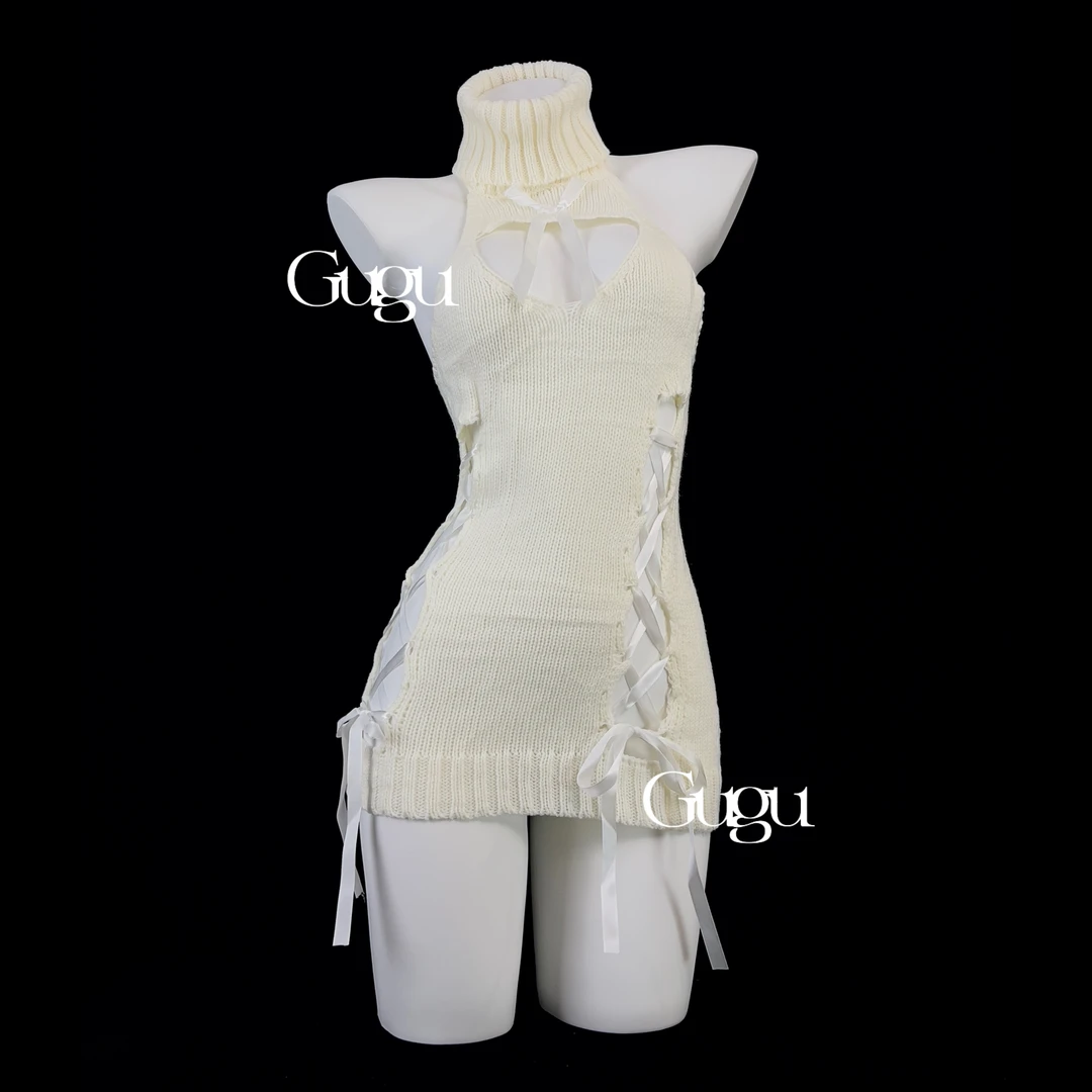 GUGU【小心机】日系甜美战袍绑带镂空针织情侣趣味cos服性感睡裙
