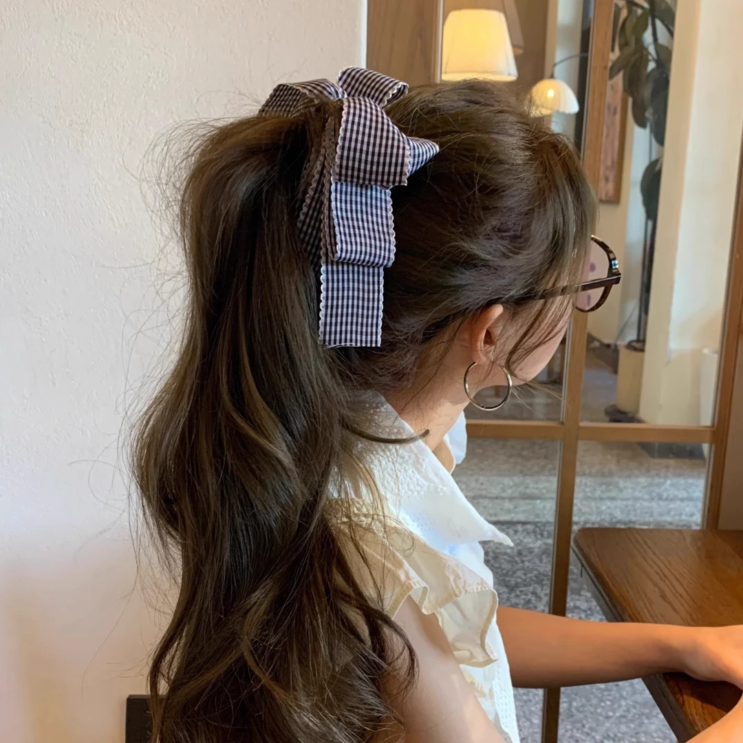 韩版甜美格子蝴蝶结发夹女新款后脑勺盘发夹高马尾香蕉夹发饰早秋