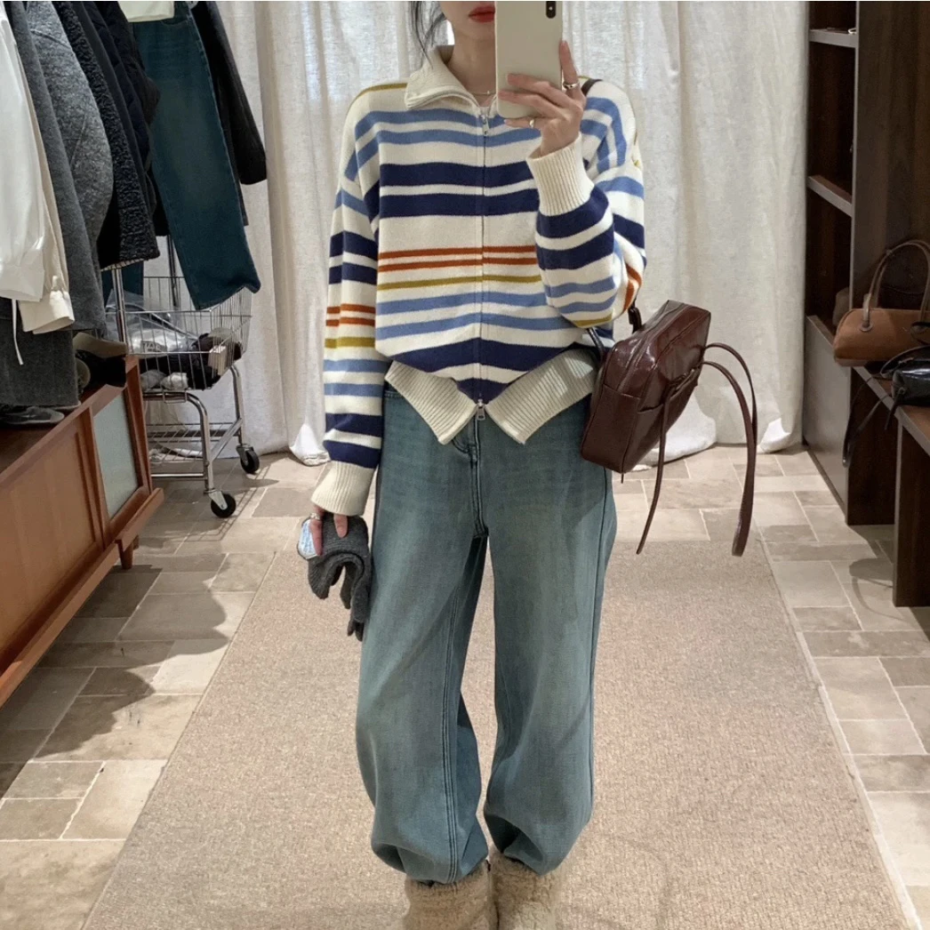 慵懒风彩虹条纹拉链毛衣开衫外套女韩版复古针织衫9693