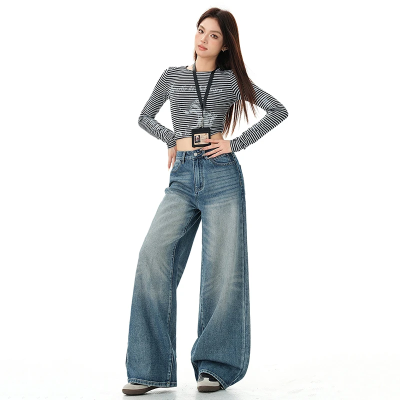 2025秋装美式辣妹复古高腰宽松阔腿裤垂感直筒牛仔裤牛仔裤女春新