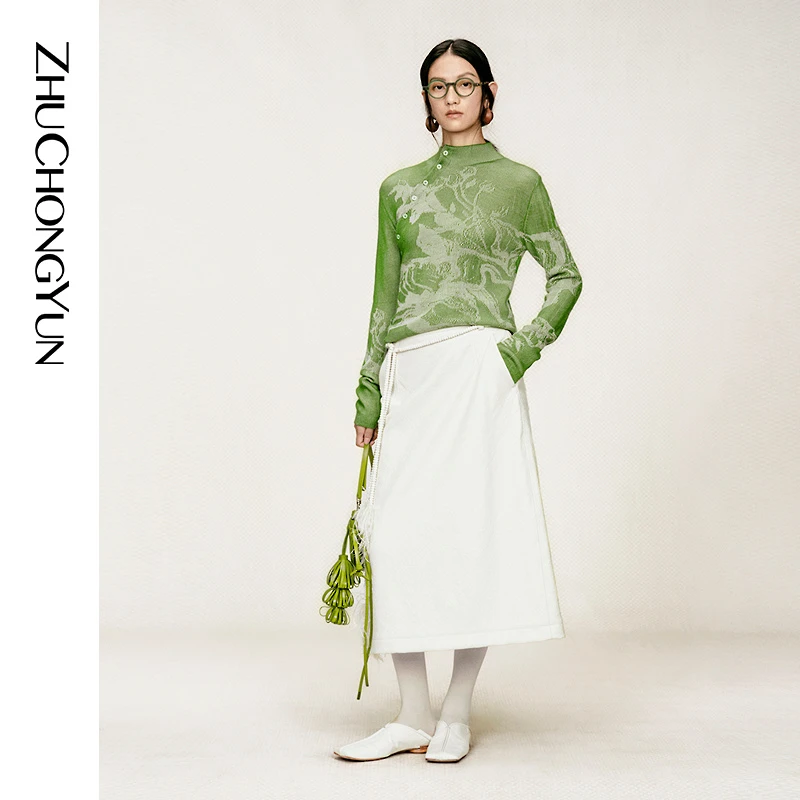 ZHUCHONGYUN2025冬新款小高领斜门襟提花上衣修身版型CCFZ4811M