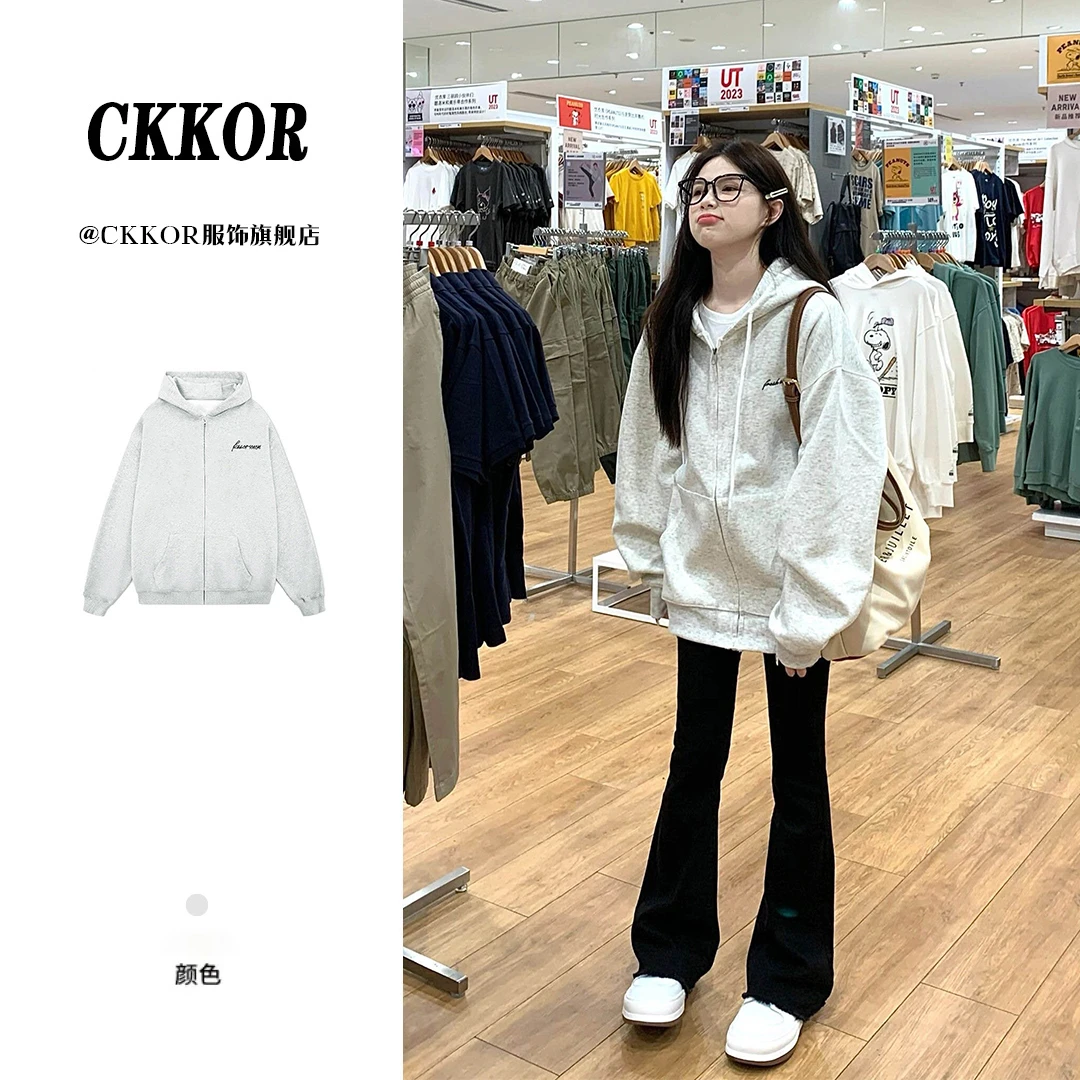 CKKOR秋冬新款加绒加厚连帽卫衣女外套 美式宽松慵懒风百搭上衣女
