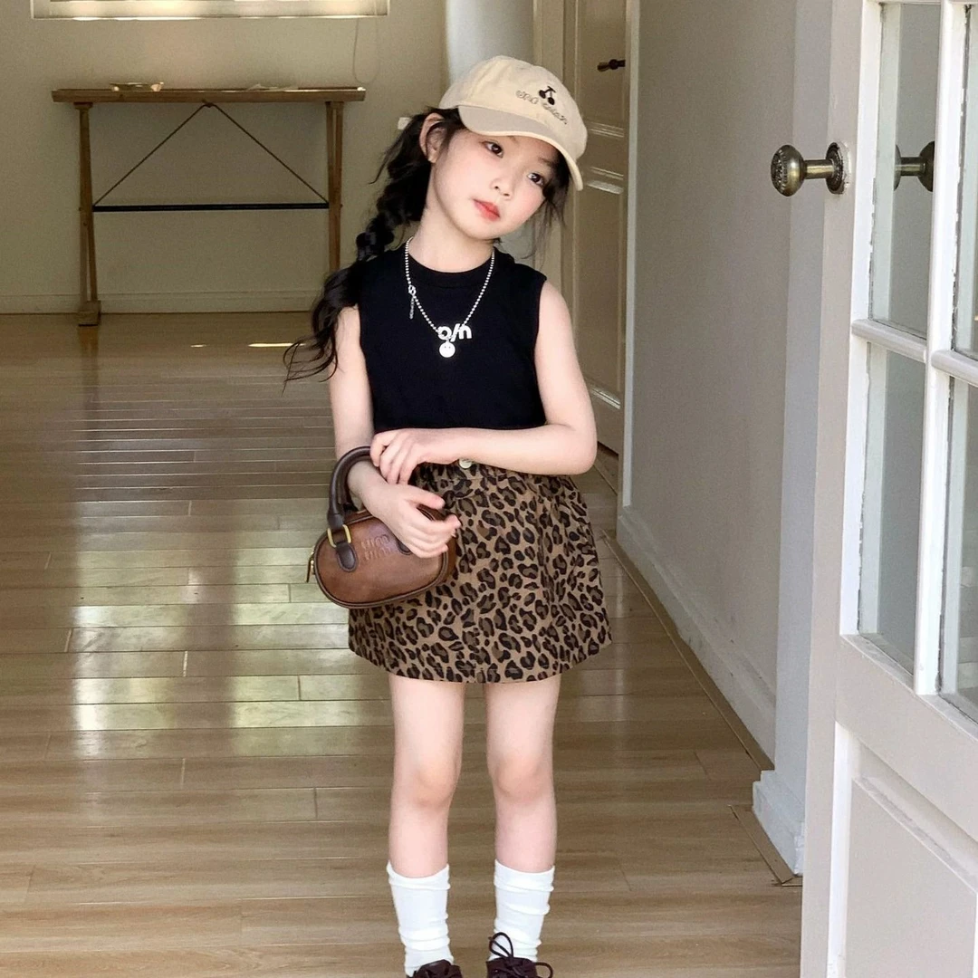 女童时髦套装2025夏季新款儿童洋气字母印花背心宝宝豹纹半身短裙