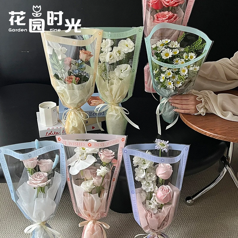 【花园时光】女神节新品甜心多支袋英文透明花束套袋鲜花包装材料