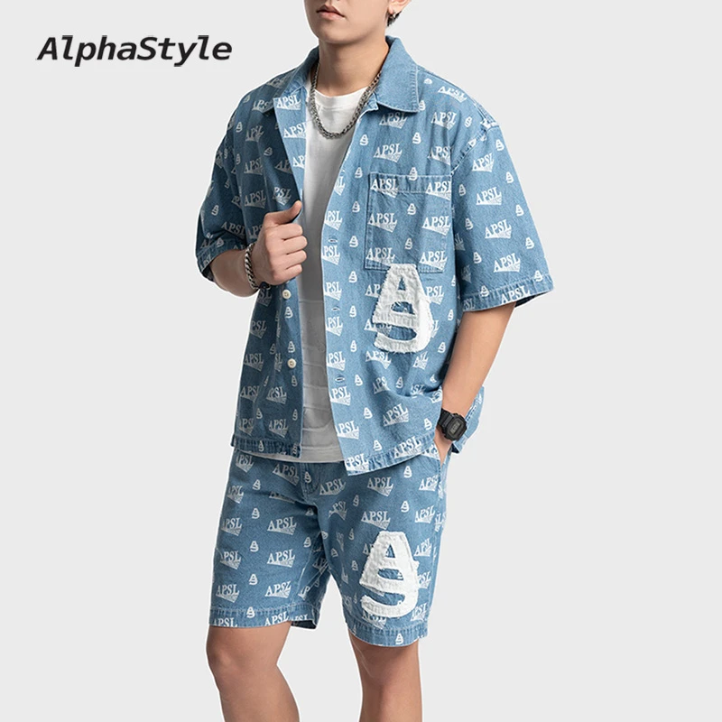 AlphaStyle夏季纯棉透气满印花牛仔套装时尚个性设计师款男女休闲