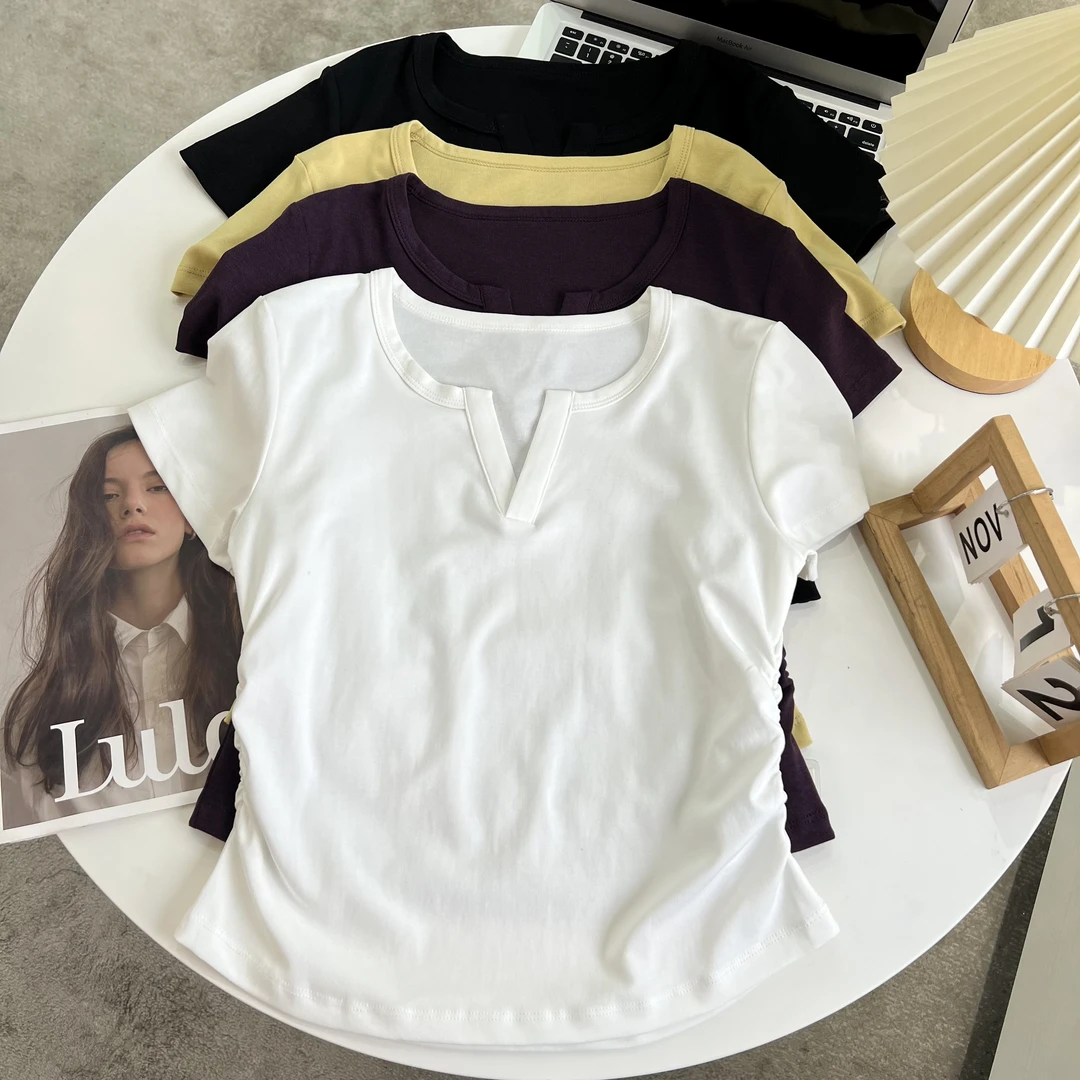 【初奢自制】A4腰T开口领抽褶收腰显瘦弹力正肩短袖T恤