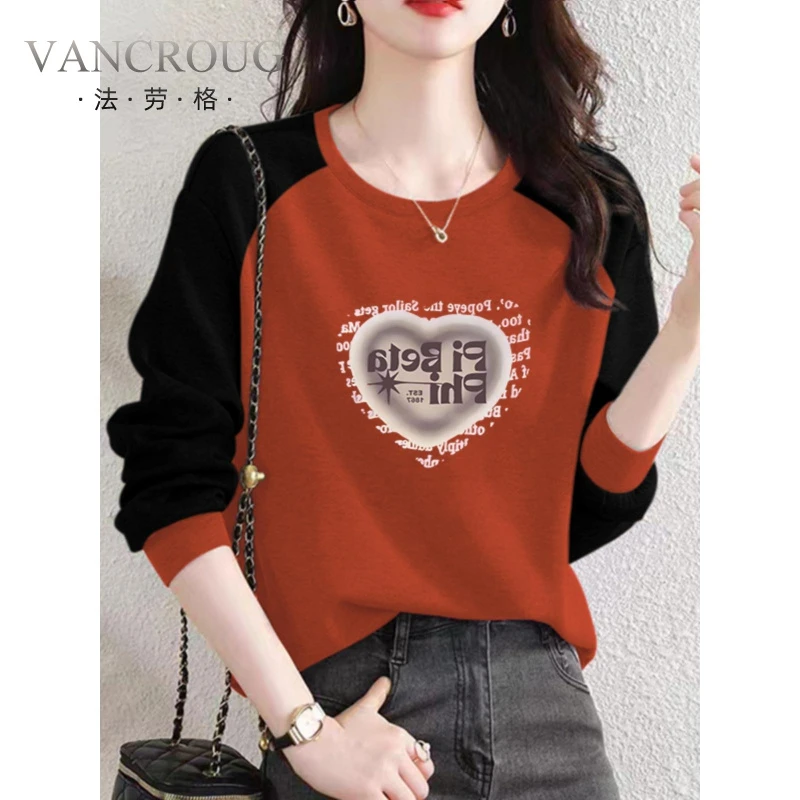 法劳格橘红色拼接款长袖圆领卫衣女小香风年秋季外穿宽松显瘦百搭