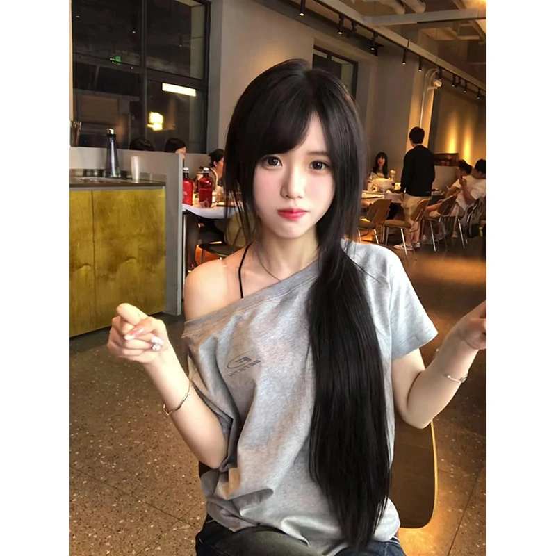 韩系气质灰色斜肩超好看短袖t恤女2025夏季简约设计宽松上衣ins