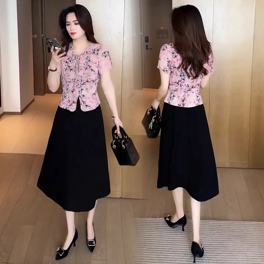 时尚洋气假两件碎花连衣裙女2025夏季新款荷叶边遮肚显瘦雪纺裙子
