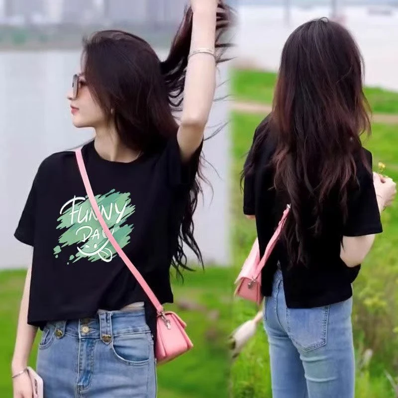 夏季新款时尚圆领后背开叉短袖T恤女百搭设计感洋气显瘦上衣