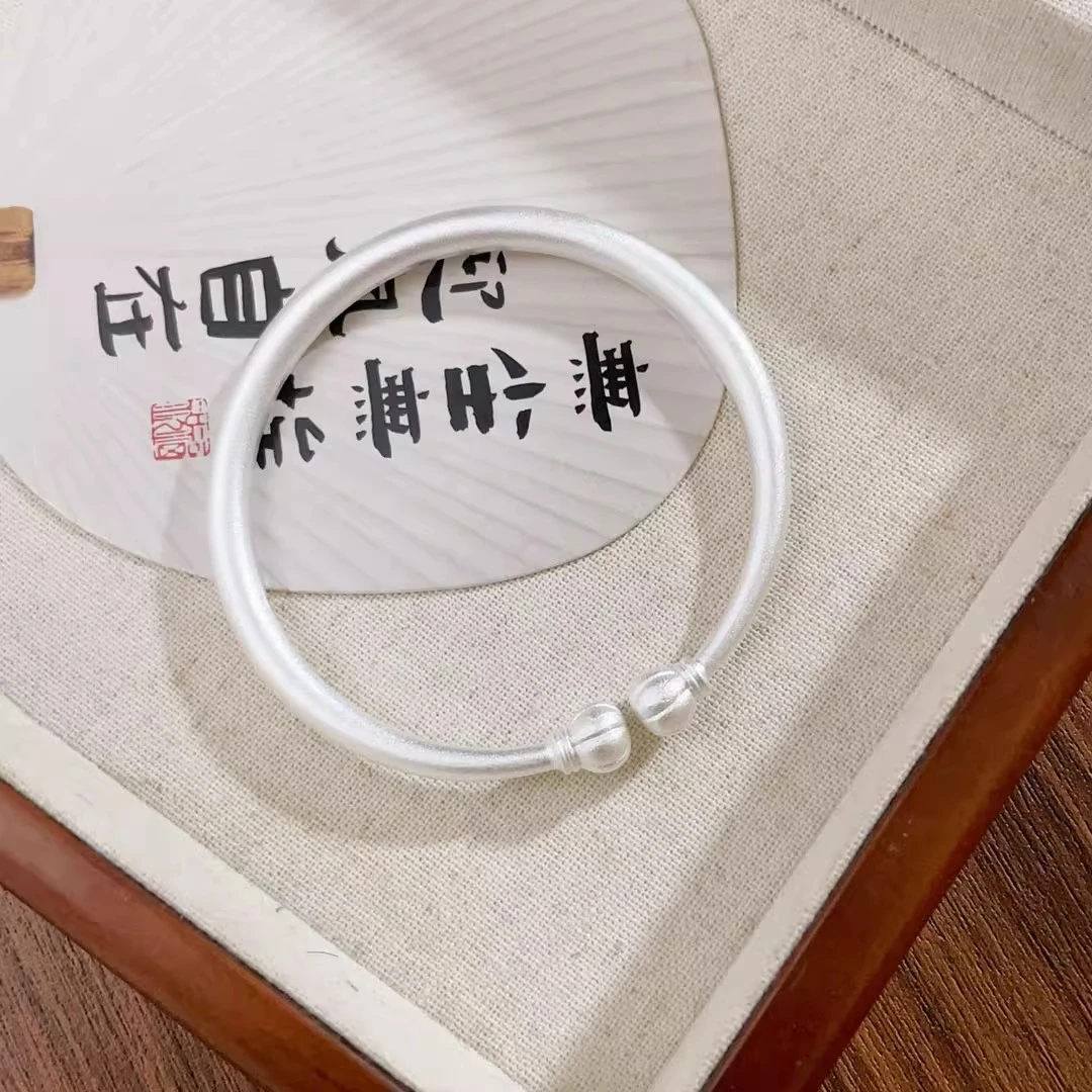 足银手镯 足银999复古哑光面南瓜头简约开口足银手镯女送女友礼物