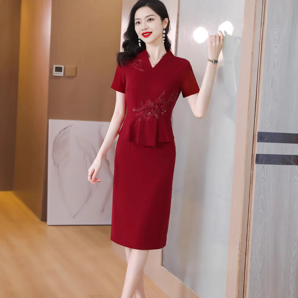 nrm7685喜婆婆婚宴装喜服旗袍裙2025夏季新款妈妈装酒红色连衣裙