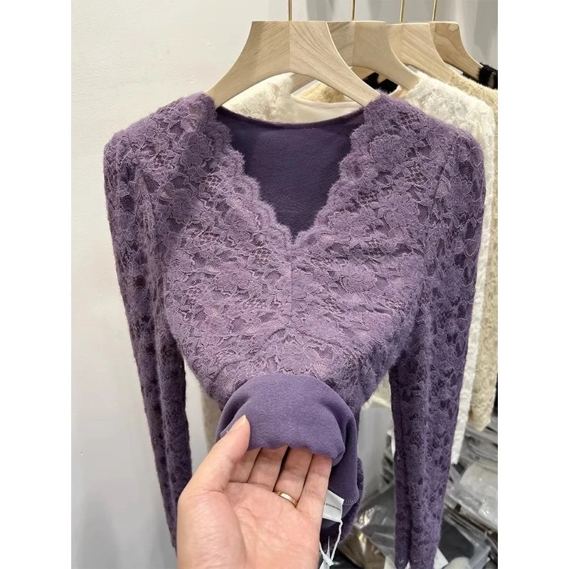 芯娇晴紫色V领蕾丝打底衫女春秋季2025新款内搭加绒加厚磨毛上衣