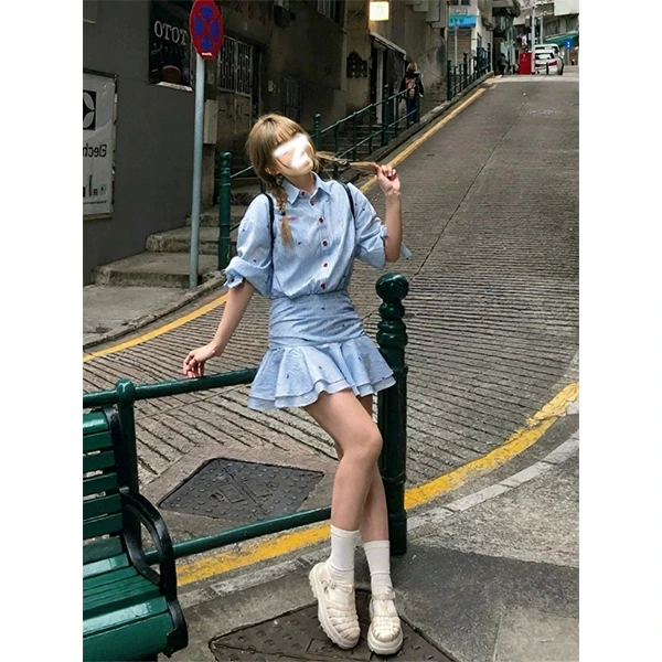 夏季法式学院风蝴蝶结收腰衬衫高腰假两件长袖气质连衣裙女显瘦