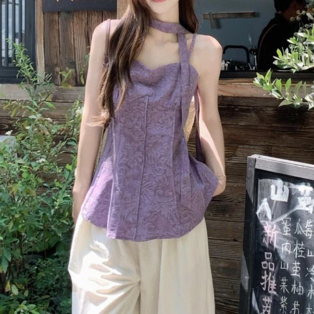 【运补4-9米】提花浅紫吊带背心女款夏日小众独特绝美飘带短款衣衫
