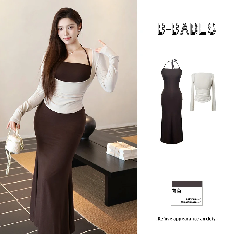 B-babes【素系风】法式辣妹纯欲风吊带连衣裙修身褶皱上衣套装