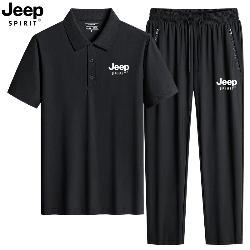 JEEP吉普冰丝运动服套装男夏季速干短袖长裤POLO衫透气休闲两件套